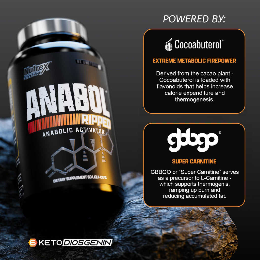 Nutrex Research Anabol Ripped Anabolic Muscle Builder for Men, 2-in-1 Muscle Builder and Shredding Supplement, (60 Count)