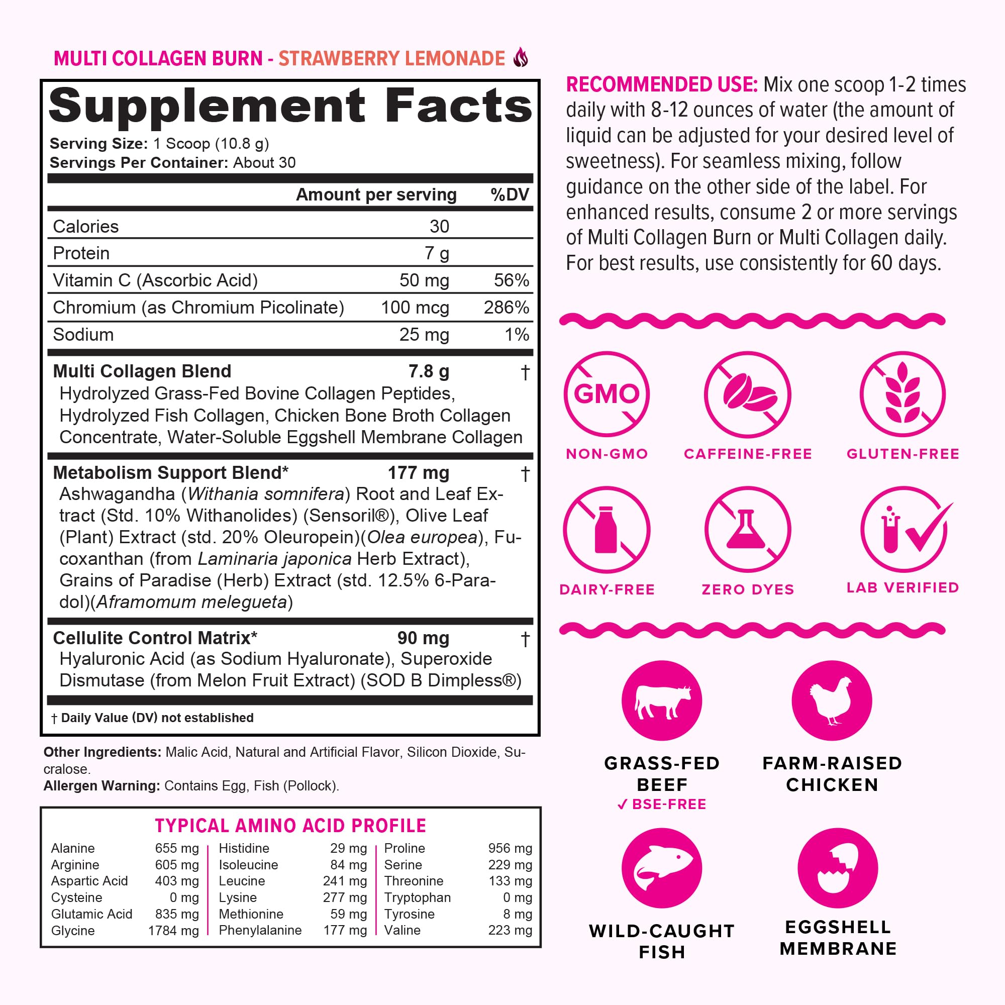 Multi Collagen Burn: Hydrolyzed Protein Peptides with Hyaluronic Acid, Vitamin C, SOD B Dimpless, Types I, II, III, V and X, Caffeine-Free Strawberry