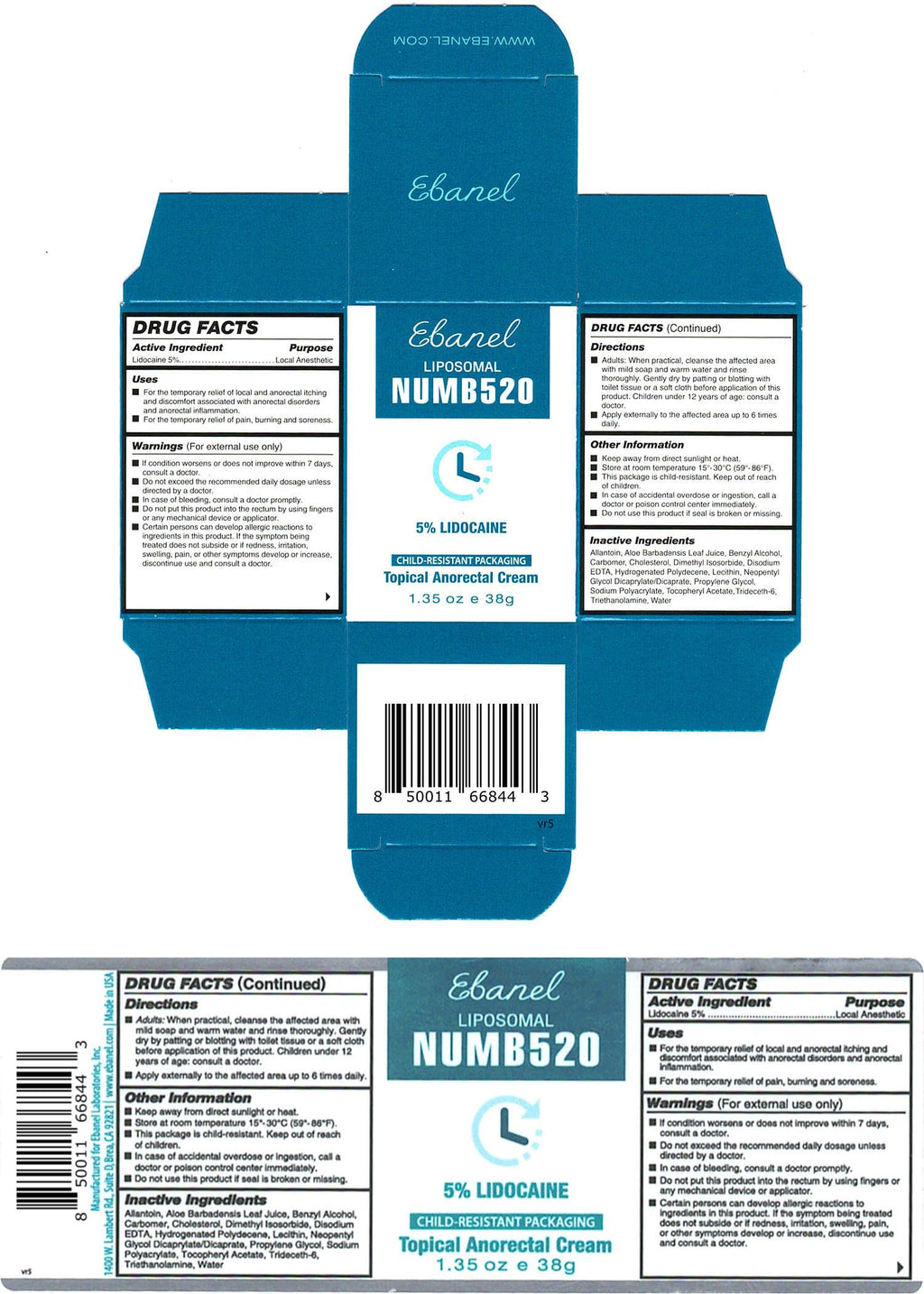 Ebanel 5% Lidocaine Numbing Cream, 2-Pack Pain Relief Burn Itch Numb Cream, Maximum Strength Topical Anesthetic with Allantoin, Vitamin E for Local and Anorectal Uses, Hemorrhoid Treatment