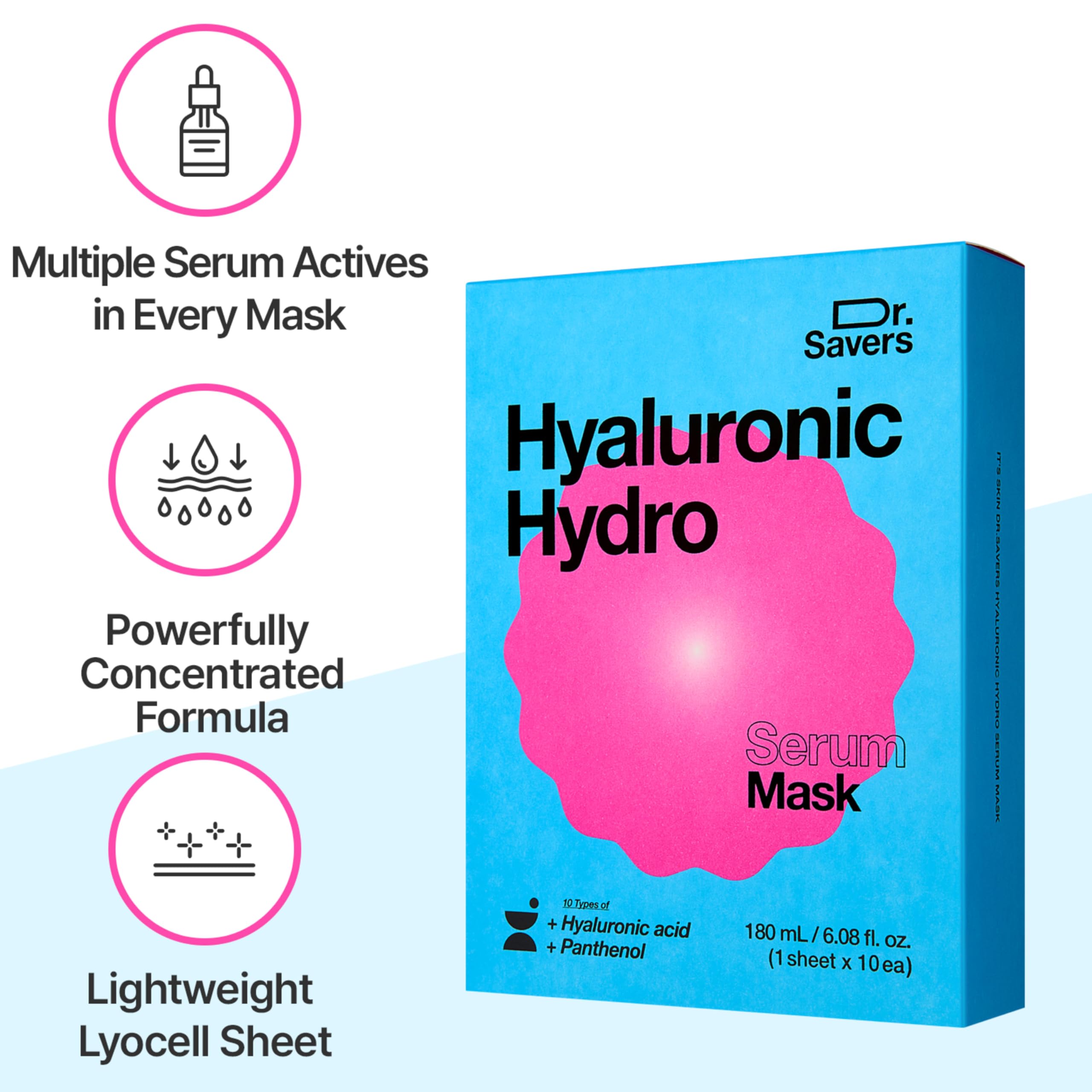 Dr. Savers Hyaluronic Acid Face Serum Mask, 0.60 Fl Oz, Deep Hydrating & Repair Skin Barrier with Panthenol, Lightweight, Non-Sticky, Moisturizing Dewy Skin,