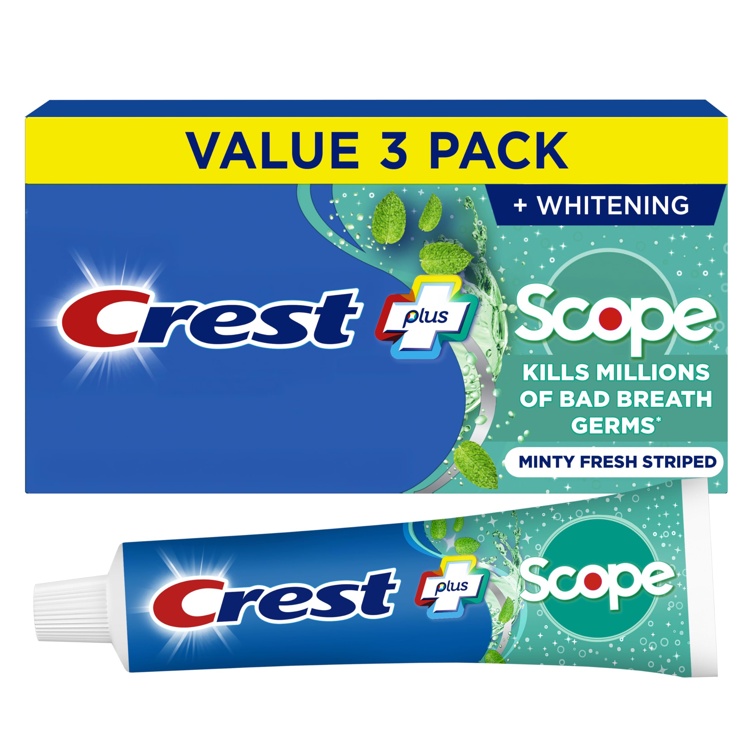 Crest + Scope Whitening Toothpaste - Pack of 3, 5.4 Oz Tubes - Anticavity Fluoride Toothpaste, Fresh Breath, Kills Germs - Tartar Protection,