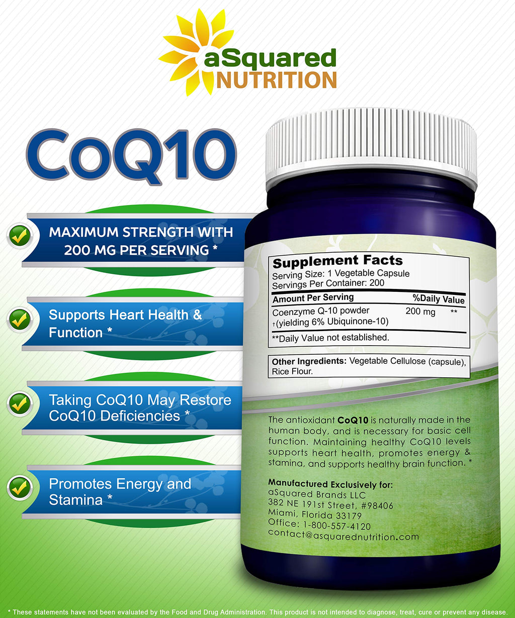 aSquared Nutrition CoQ10 (200 Capsules and 200mg) - High Absorption Vegan CO Q-10 Powder - Enzyme Ubiquinone Supplement Pills, Extra Antioxidant Coenzyme Q10 Vitamin