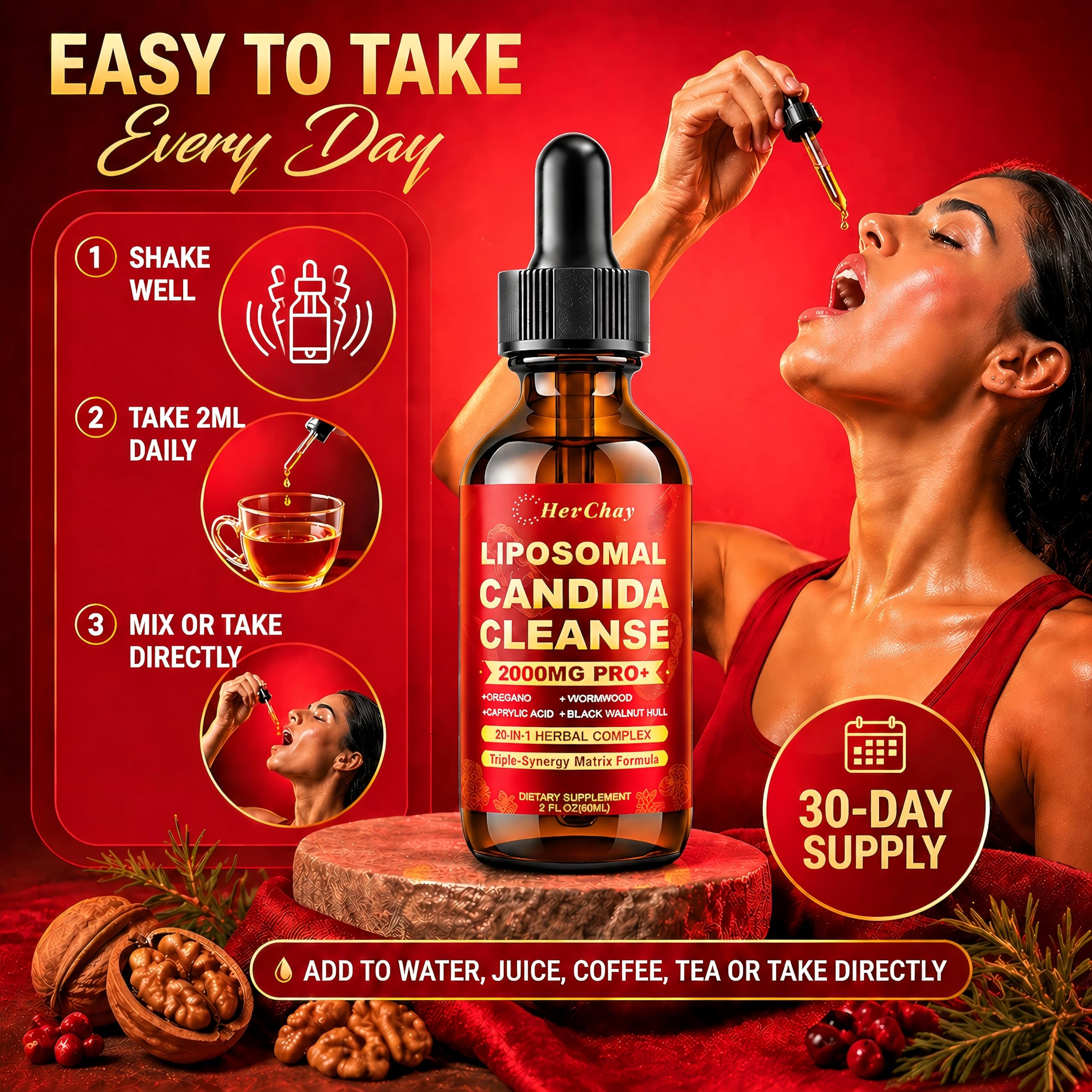 Liposomal Candida Cleanse Drops 2000mg - 20-in-1 Candida Detox for Women & Men with Caprylic Acid, Oregano, Black Walnut & Wormwood – Yeast Detox, Gut & Colon Support,