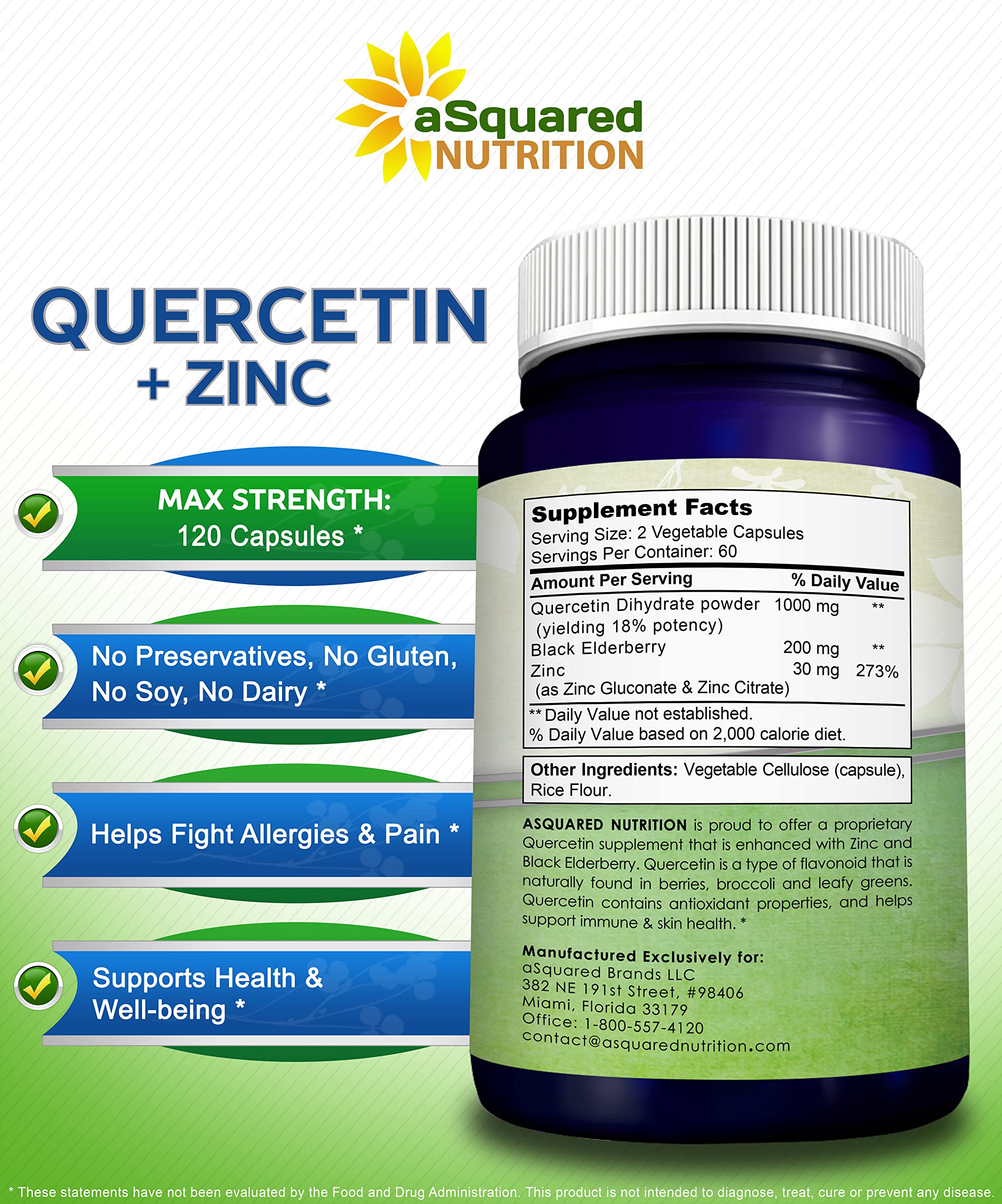 aSquared Nutrition Quercetin 1000mg with Zinc Supplement - 120 Capsules - Quercetin Dihydrate with Black Elderberry & Zinc - Max Strength Powder Complex